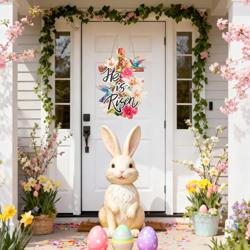 Easter Door Sign - Christian Religious Jesus Cross Wall Signs Door Wreath Sign Hanging for Home Wall Party Outdoor Indoor Supply Decor Gifts 14.6×11.4 Inch