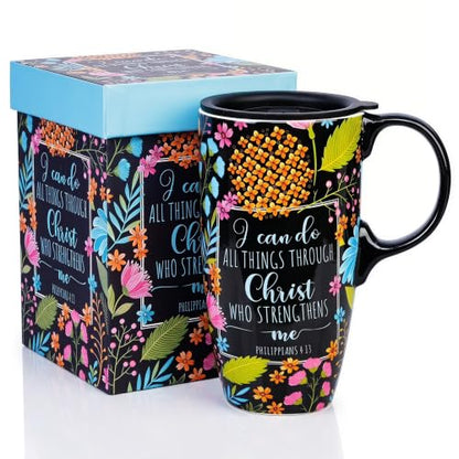 Topadorn 17oz Ceramic Travel Mug with Lid, Inspirational Coffee Mug - color: Flower
