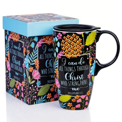 Topadorn 17oz Ceramic Travel Mug with Lid, Inspirational Coffee Mug - color: Flower
