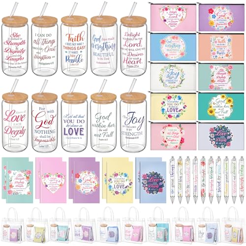 10 Sets 50 Pcs Christian Gift for Women, Church Mothers Day Gift Bulk, 16 oz Bible Verse Glass Cup Motivational Scripture Cosmetic Bag Religious Notepads Pens PVC Bag for Christian Party Favor - style: Christian