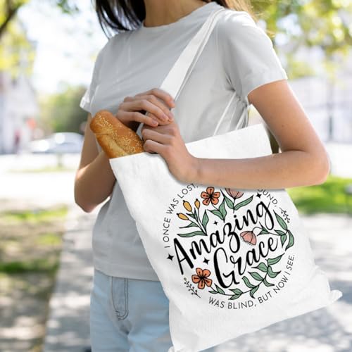 VICBOU Bible Verse Canvas Tote Bag Religious Christian Gifts for Women Men Faith Canvas Tote Reusable Grocery Bag - color: Amazinggrace