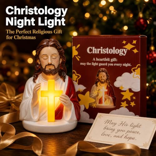 Sacred Jesus Cross Figurine LED Night Lamp, 6'' Resin Jesus Bust Statue with Illuminated Cross, Soft Warm Light Prayer Devotional Lamp,Gift for Baptism, Easter, Christmas, Housewarming - color: Red
