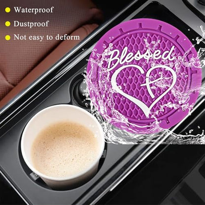 KVAEY 2 PCS Car Cup Holder Coasters, 2.76 Inch Anti Slip Vehicle Drink Mats with Cute Blessed Cross and Heart, Shockproof, Universal Car Accessories (Dark Purple, 4 PCS) - color: Dark Purple, size: 4 PCS