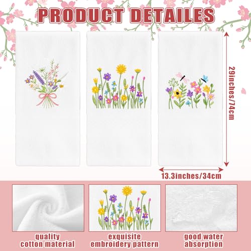 SmoothNovelty 3 Pcs Hand Towels for Bathroom Embroidered Cotton Kitchen Towels 13.3" x 29.5" Decors Gift(White,Spring Flowers) - color: Spring Flowers, size: 13.3 x 29.5 inches