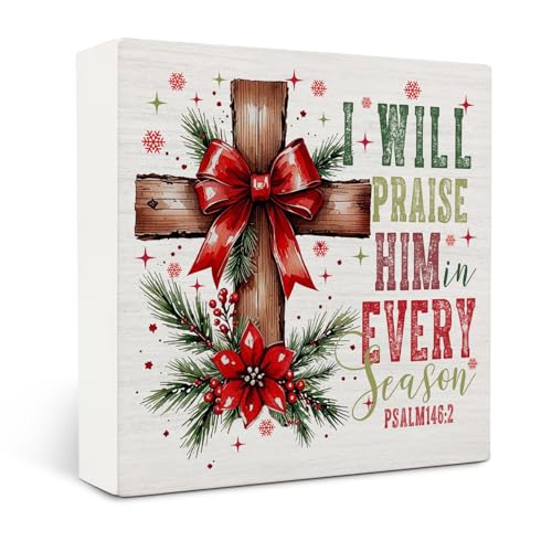 Rustic Christian Christmas Cross Wooden Box Sign Desk Decor, Farmhouse Religious Christmas Wood Block Sign for Home Office Desk Table Shelf Wall Decorations, 5x5 Inch - color: Christian-01