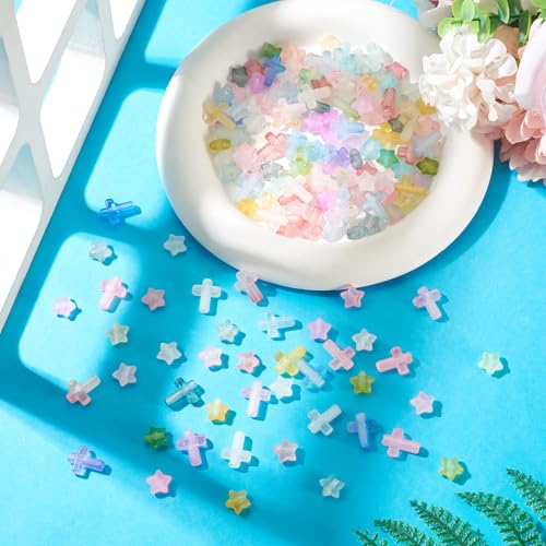 200Pcs Cross Star Acrylic Beads with Gold Foil Pastel Kandi Bead Crucifix Bracelet Halloween Beads for Keychain Crafts DIY Easter Jesus Bracelet Rosary Jewelry Making Supplies - color: Random Gradient