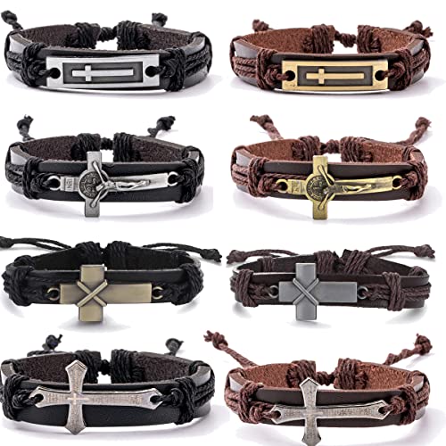 WAINIS 8PCS Braided Leather Cross Bracelets for Men Women