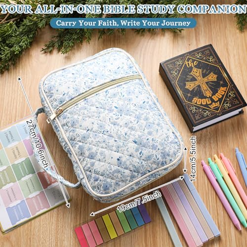 Large Bible Bag Quilted Bible Cover Case Kit for Women, Blue Flower - style: Blue Flower