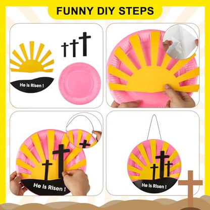 Lunmon 24 Sets Easter Crafts for Kids Bulk Resurrection Paper Plates Crafts Kit with He is Risen Colorful Paper DIY Easter Plates for Family Sunday School Classroom Activity - color: Cross