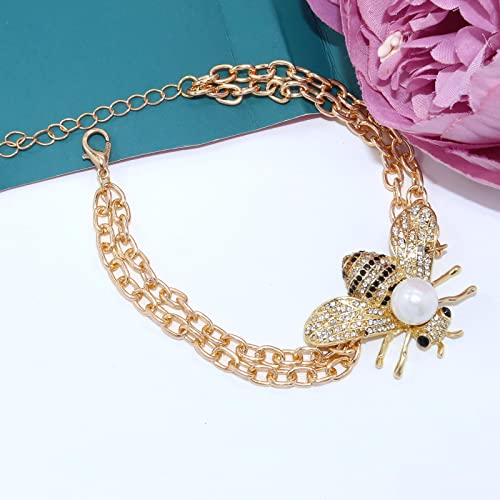 Honey Bee Brooches Crystal Insect Themed Bee Brooch Animal Fashion Shell Pearl Brooch Pin Gold Tone - color: White Pearl Chain