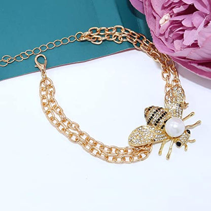 Honey Bee Brooches Crystal Insect Themed Bee Brooch Animal Fashion Shell Pearl Brooch Pin Gold Tone - color: White Pearl Chain