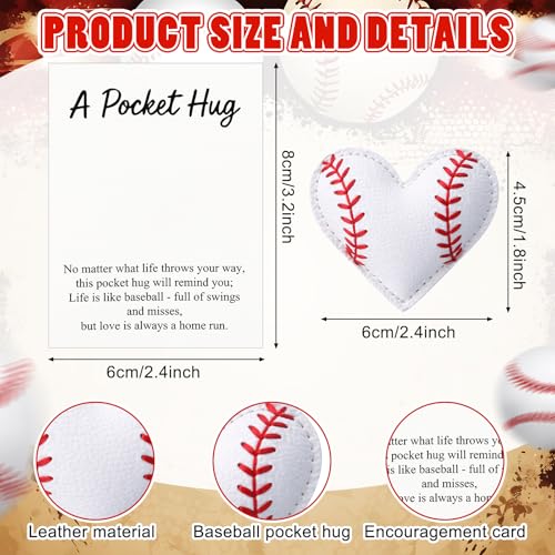Hollowfly 12 Set Baseball Pocket Hug Heart Shape Stitching Pocket Hug with Inspirational Cards and Organza Bags Encouragement Gifts for Baseball Players Athletes Teams Sports Lovers Coaches Graduation - style: Baseball Heart
