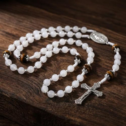 Nazareth Store 8mm White Jade & 10mm Natural Stone Beads Rosary Necklace St. Miraculous Medal & Cross Crucifix Catholic Prayer Beads Religious Jewelry - color: Tiger Eye