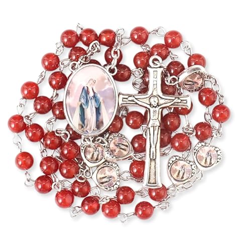 Nazareth Store Natural Stone Beads with Miraculous Epoxy Heart Metal Beads Rosary Necklace Gemstone Christian Gifts - color: Red Carnelian