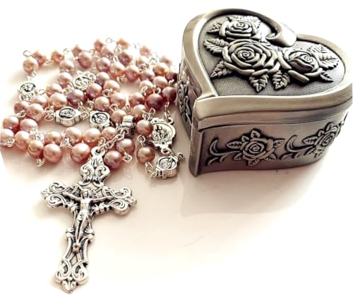 elegantmedical Handmade AAA6MM White Real Pearl Beads Catholic Our Lady Grace Rosary Cross Necklace Box case Womens Girls Gifts - color: Purple