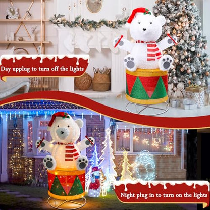 4 FT Lighted Christmas Drum Bear, Pre‑Lit Outdoor Yard Decor - size: 48''*31.5''