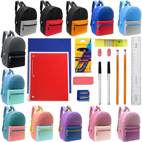 Moda West 17 Inch Bulk Backpacks with 18 Piece School Supply Kit - Case of 12 Wholesale Backpacks in Assorted Colors 6 Boy 6 Girl - color: 2 Tone, size: 18 Piece SS Kit