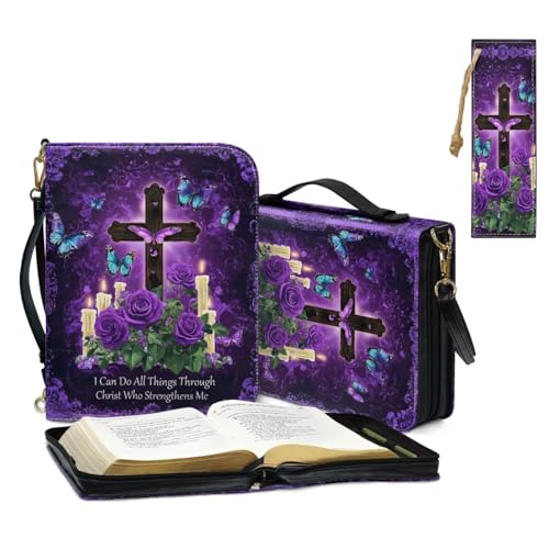Bible Cover for Women Men with Bookmark and Shoulder Strap Large Leather Bible Case Vintage Bibles Protector - color: Cross Butterfly Rose, size: X-Large