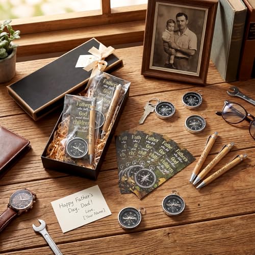 Kenning 18 Sets Father's Day Church Gifts Bulk Christian Man of God Compass Gift for Men Bulk Keychain with Bookmark Ballpoint Pens Christian Religious Gifts Set for Dad Pastors Church Party Favors