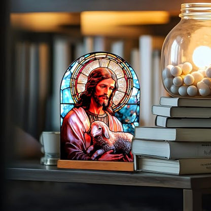 KOMI Jesus and Lamb Catholic Ornament Statue Tabletop Decor Acrylic Standing Desk Sign Home Altar Decor Christian Gifts