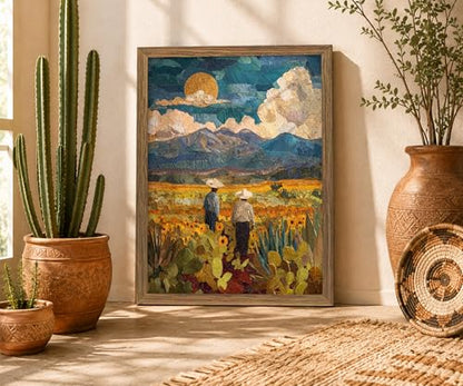 Framed Southwestern Cowboy Impasto Mountain Landscape Wall Art, 16x24 Inch - color: Multicolor - Teal, Gold, Green, Brown, Blue, Yellow, White, size: 16"L x 24"W