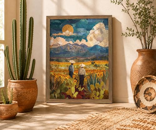 Framed Southwestern Cowboy Impasto Mountain Landscape Wall Art, 12x16 Inch - color: Multicolor - Teal, Gold, Green, Brown, Blue, Yellow, White, size: 12"L x 16"W