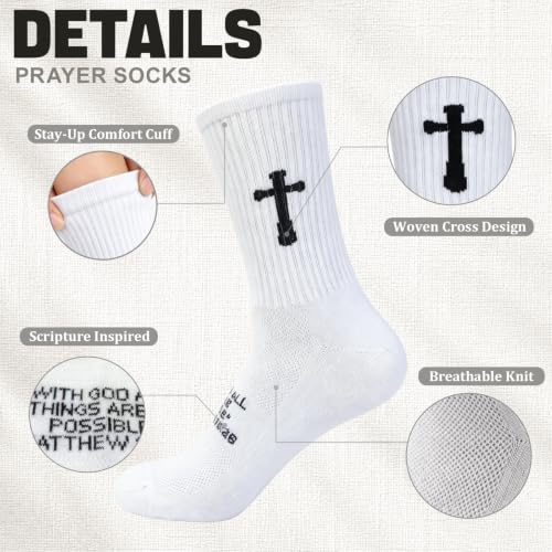 3 Pairs Unisex Cross Socks,Gifts for Christian: Easter Christmas - color: Matthew 19:26 - White