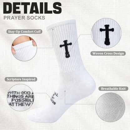 3 Pairs Unisex Cross Socks,Gifts for Christian: Easter Christmas - color: Matthew 19:26 - White