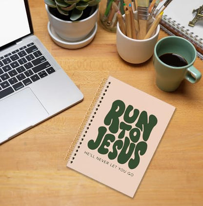 Retro Green Christian Spiral Notebook, Run to Jesus Bible Verse Journal, Religious Scripture Journals for Writing, Bible Notebooks for Note Taking, Church Notes Journal, 5.5x8.3 Inch - color: God-Run