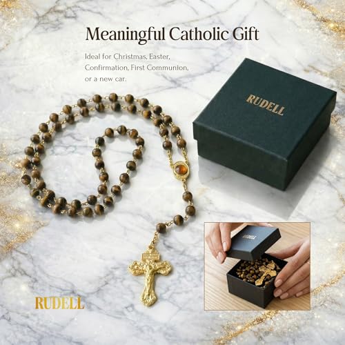 RUDELL Rosary Beads Catholic for Women - Rosary Necklace for Women with Pearl Beads - Medal Cross Saint Benedict Rosary for Men - Prayer Rosarios Catolicos Jewelry Gift - color: Tiger's eye