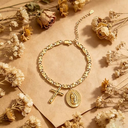Catholic Rosary Bracelet with Our Lady of Graces Medal and Crucifix Charm, 18K Gold Plated