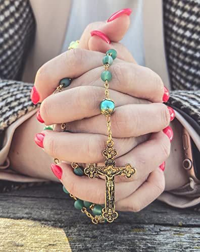 Nazareth Store Catholic Rosary Necklace Matte Stone Beads Green Pearl Round Beads Miraculous Medal & Cross - Velvet Bag - color: Green