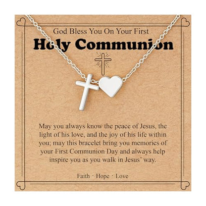 WEDDINEN First Communion Confirmation Baptism Jewelry Gifts for Teens Girls Kids,Cross Heart Necklace for Women Girls Christian Religious Stuffers Jewelry Gifts for Kids - style: First Communion-Silver
