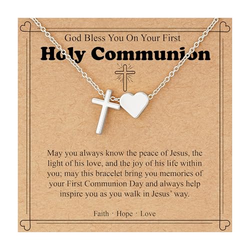 WEDDINEN First Communion Confirmation Baptism Jewelry Gifts for Teens Girls Kids,Cross Heart Necklace for Women Girls Christian Religious Stuffers Jewelry Gifts for Kids - style: First Communion-Silver