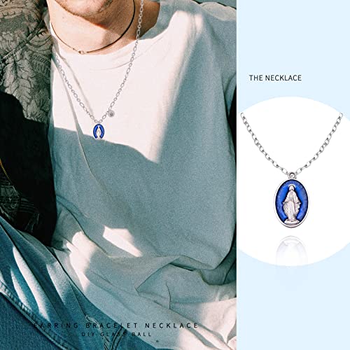 40Pcs Oval Alloy Blue Enamel Catholic Medalla Milagrosa de La Virgen Maria Charm Pendant for Diy Rosary Necklace Mexican Bracelet Jewelry Making