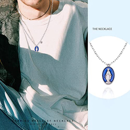 40Pcs Oval Alloy Blue Enamel Catholic Medalla Milagrosa de La Virgen Maria Charm Pendant for Diy Rosary Necklace Mexican Bracelet Jewelry Making