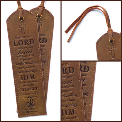 Leather Bible Bookmarks - 2 Leather Christian Bookmarks with Inspirational Bible Verse | Proverbs 3, 5-6 Trust in The Lord | Perfect Religious Book Marker Gifts for Men, Women, Readers and Friends - style: Proverbs 3:5-6