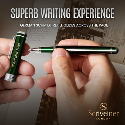 Scriveiner Personalized British Racing Green Rollerball Pen - Stunning Green Lacquer Luxury Pen with Chrome Finish, Schmidt Ink Refill, Engraved Roller Ball Gift Set for Men & Women, Custom Engraving - color: British Racing Green with Chrome (Personalized