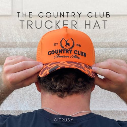CITRUSY Athletic Trucker Golf Hat | Performance Mens 5 Panel Cap | Cool Breathable Waterproof Workout Running Snapback - color: Country Club | Blaze Orange
