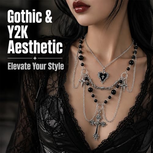 Women's Gothic Y2K Emo Chunky Silver Cross Necklace with Black Pearls, Layered Cross Pendant Necklace Set for Layered Necklaces - Fashion Statement Jewelry