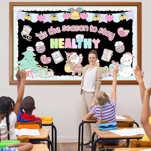 Christmas Health Bulletin Board Decorations Set Xmas Pastel Healthy Habits Poster Christmas Tree Snowman Santa Cutouts for Classroom School Home Chalkboard Wall Winter Holiday Party Decor Supplies - style: Health