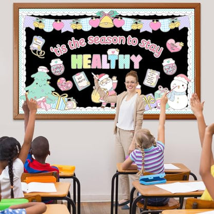 Christmas Health Bulletin Board Decorations Set Xmas Pastel Healthy Habits Poster Christmas Tree Snowman Santa Cutouts for Classroom School Home Chalkboard Wall Winter Holiday Party Decor Supplies - style: Health