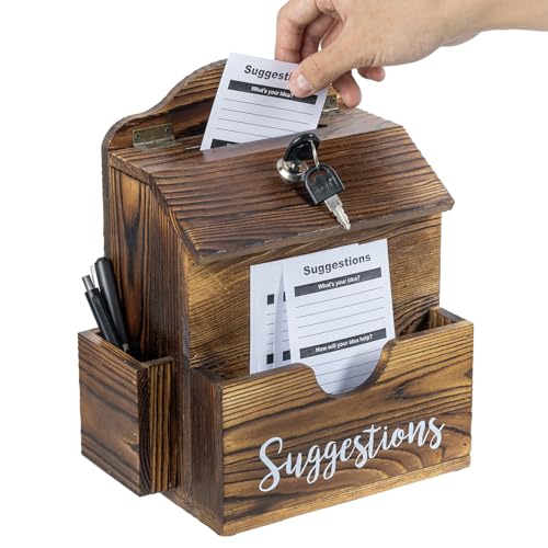 MyGift Suggestion Box with Slot and Lock, Donation Box for Fundraising, Complaint Case with Paper Sheet and Pen Holder Slots,Wall Mounted or Tabletop, Rustic Burnt Solid Wood - color: Rustic Brown