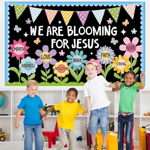 Religious Christian Bulletin Board Sets Sunday School Decoration for Classroom Church Positive Floral Bulletin Board We are Blooming for Jesus Paper Cutout for Back to School Christian Summer Decor