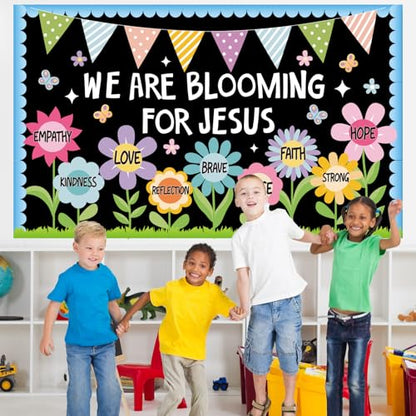 Religious Christian Bulletin Board Sets Sunday School Decoration for Classroom Church Positive Floral Bulletin Board We are Blooming for Jesus Paper Cutout for Back to School Christian Summer Decor