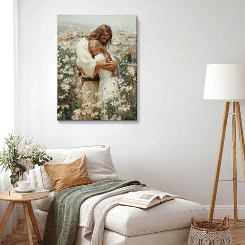 Jesus Hugging Girl Canvas Wall Art Jesus and Woman Wall Decor Pictures Modern Christian Healing Embrace Mormon Prints Posters for Living Room Hallway Kitchen Bathroom Bedroom Decoration 8x10 Framed - color: Embrace -1, size: 8"L x 10"W