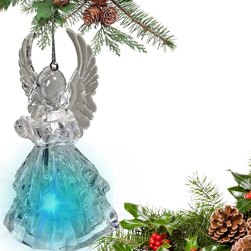 Lighted Acrylic Angel Christmas Ornaments Set of 4, Clear LED Angel Figurines with Reading Book, Horn, Harp & Praying Designs, 4.25 Inch Hanging Angel Tree Decorations, Religious Holiday Décor