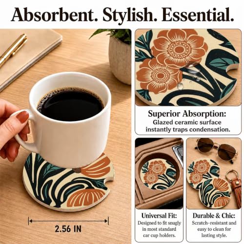 Boho Floral Car Coasters, Retro Country Orange Flowers Cup Holders, 17 - color: Boho Floral