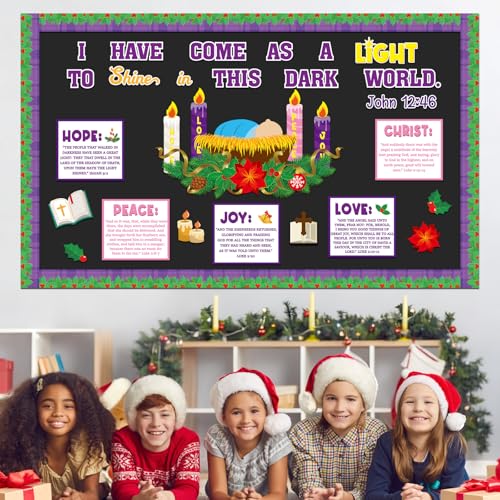 Christian Nativity Religious Christmas Bulletin Board Decorations Set Xmas Advent Wreath Candle Light of My Life Cutouts for Classroom School Home Chalkboard Wall Winter Holiday Party Decor Supplies - style: Nativity