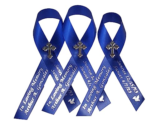 Personalized Memorial Service Funeral Ribbon Pins 20 Cross Religious Celebration of Life Custom Made Awareness Remembrance Anniversary Death Cross Sympathy Name Angel - color: Royal Blue